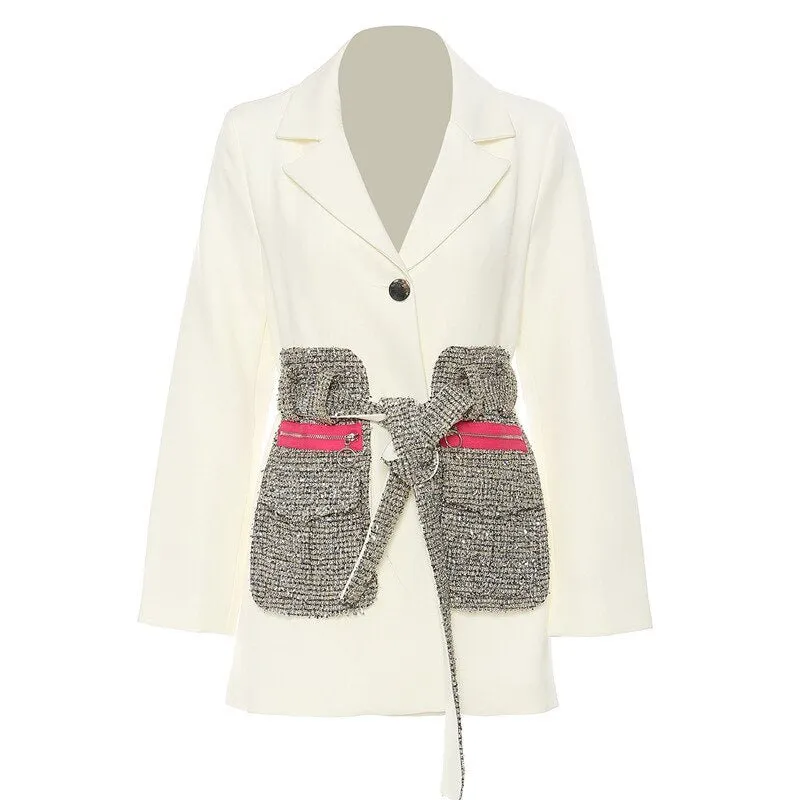 Pre Order:  Tweed Patchwork Belted Blazer