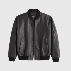 Premium Quality Men's Genuine Leather Bomber Jacket in Black