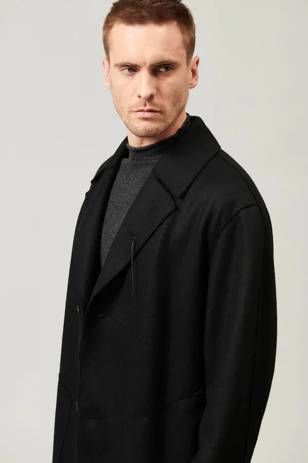 Raw cut boiled wool coat with cashemere touch - Black