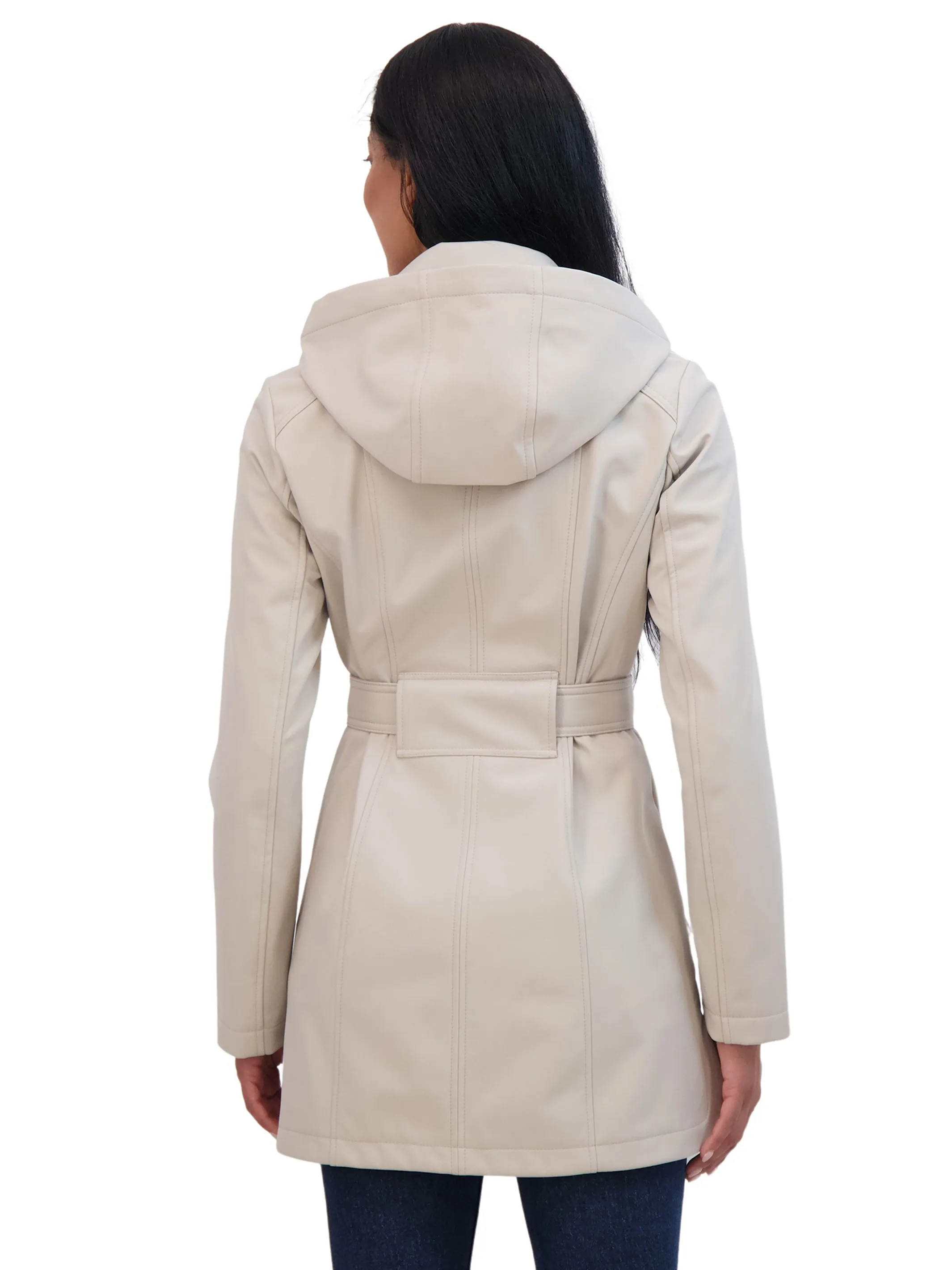 Sebby Collection Women's Belted Double Breasted Soft Shell Trench Coat With Detachable Hood