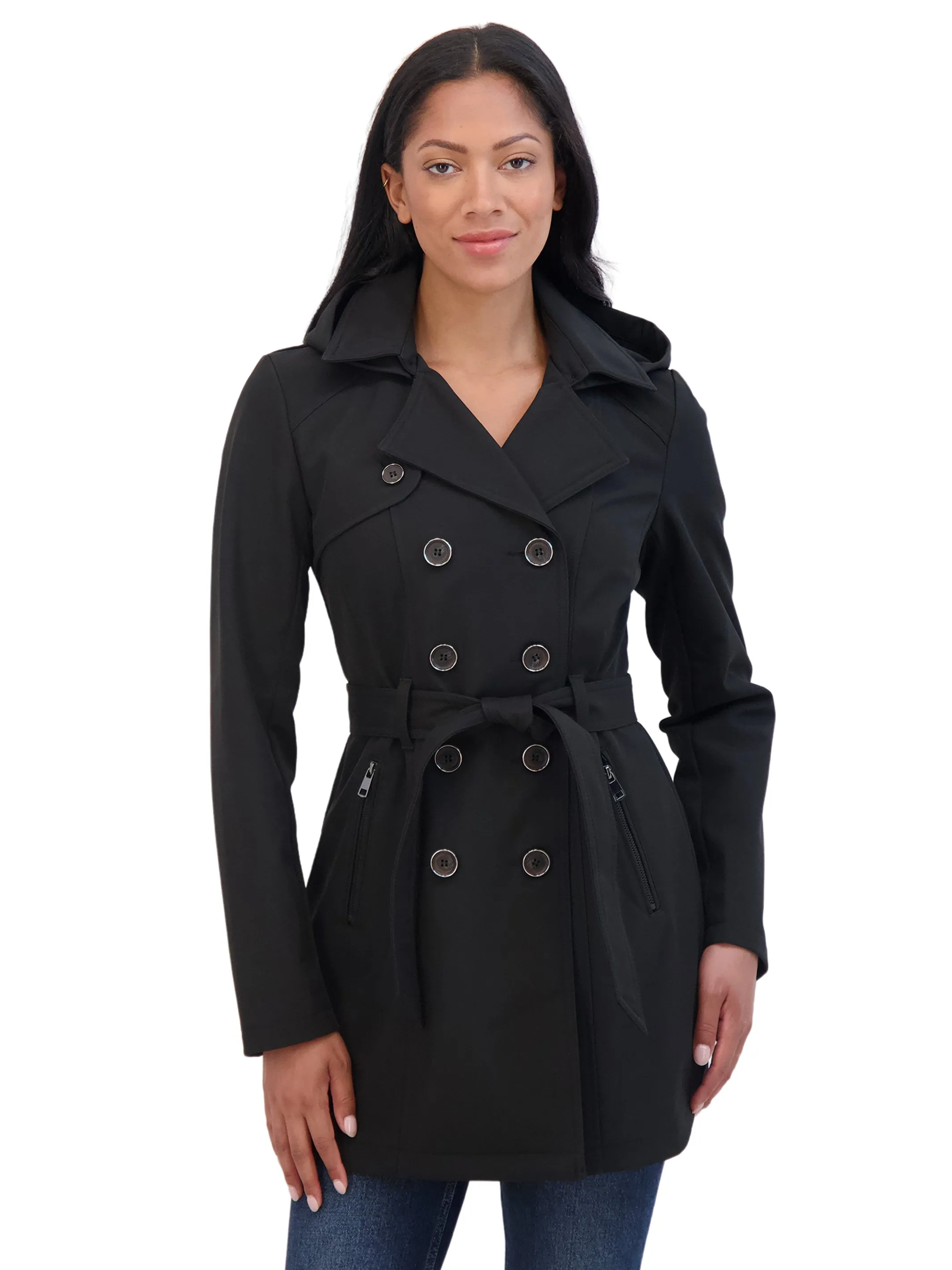 Sebby Collection Women's Belted Double Breasted Soft Shell Trench Coat With Detachable Hood