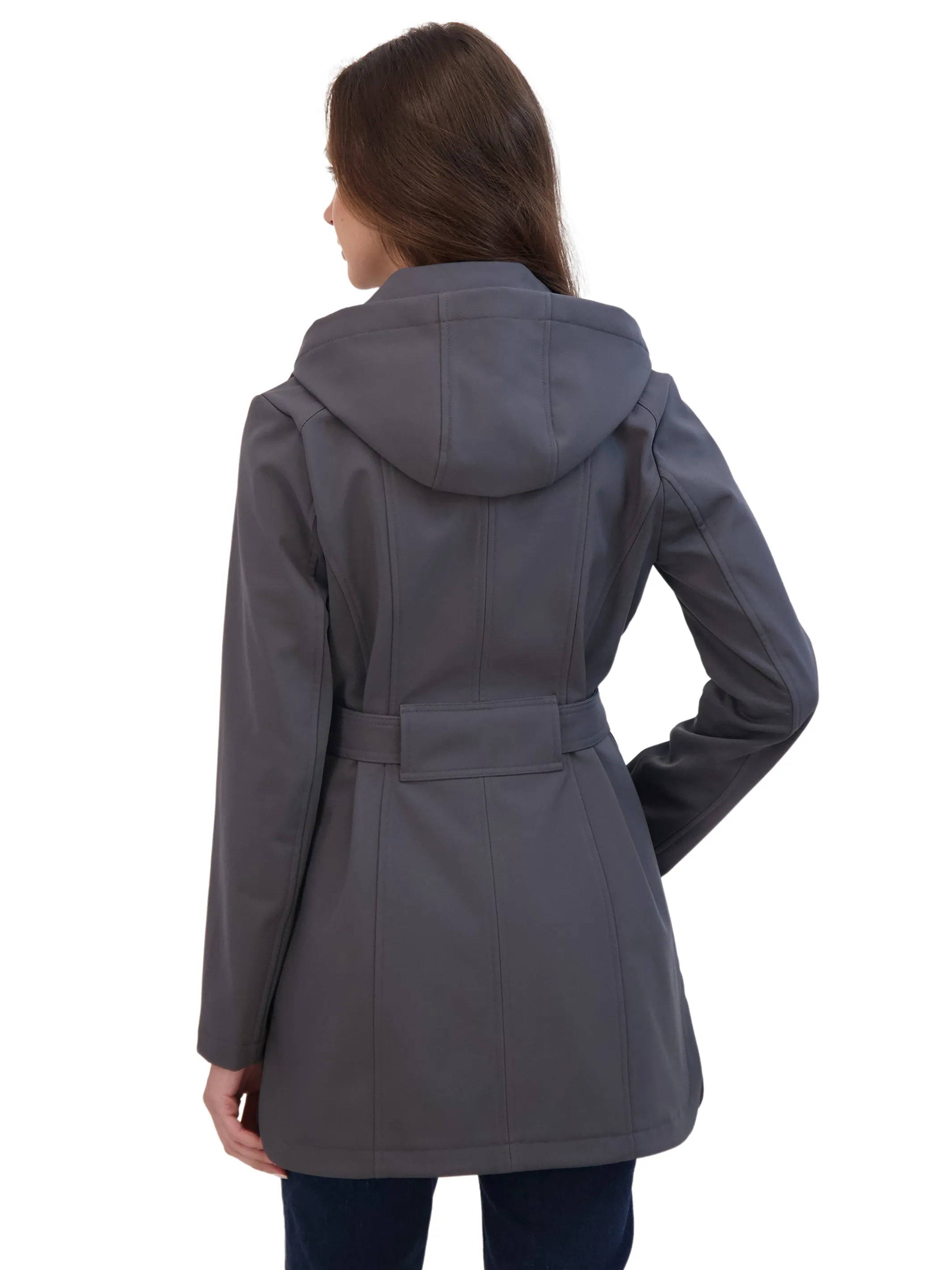 Sebby Collection Women's Belted Double Breasted Soft Shell Trench Coat With Detachable Hood