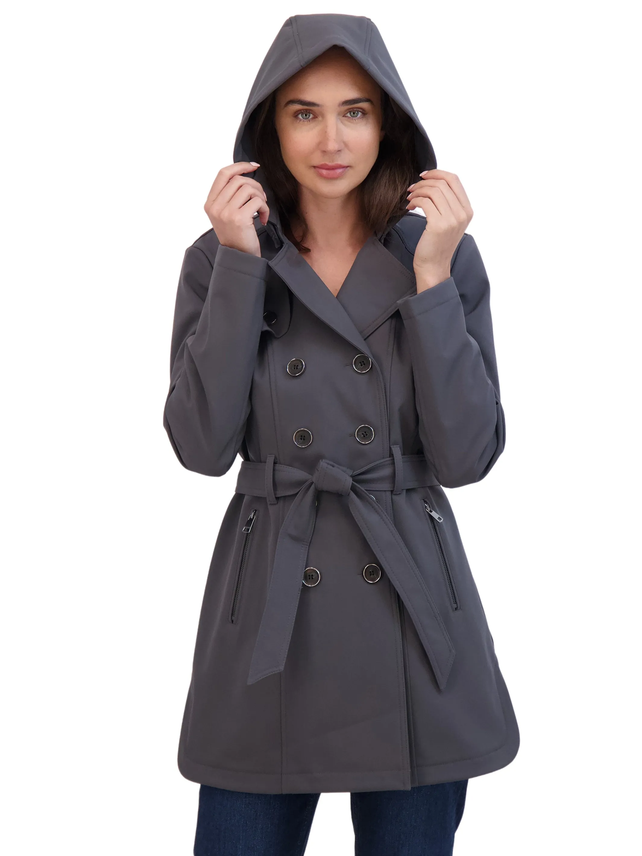 Sebby Collection Women's Belted Double Breasted Soft Shell Trench Coat With Detachable Hood