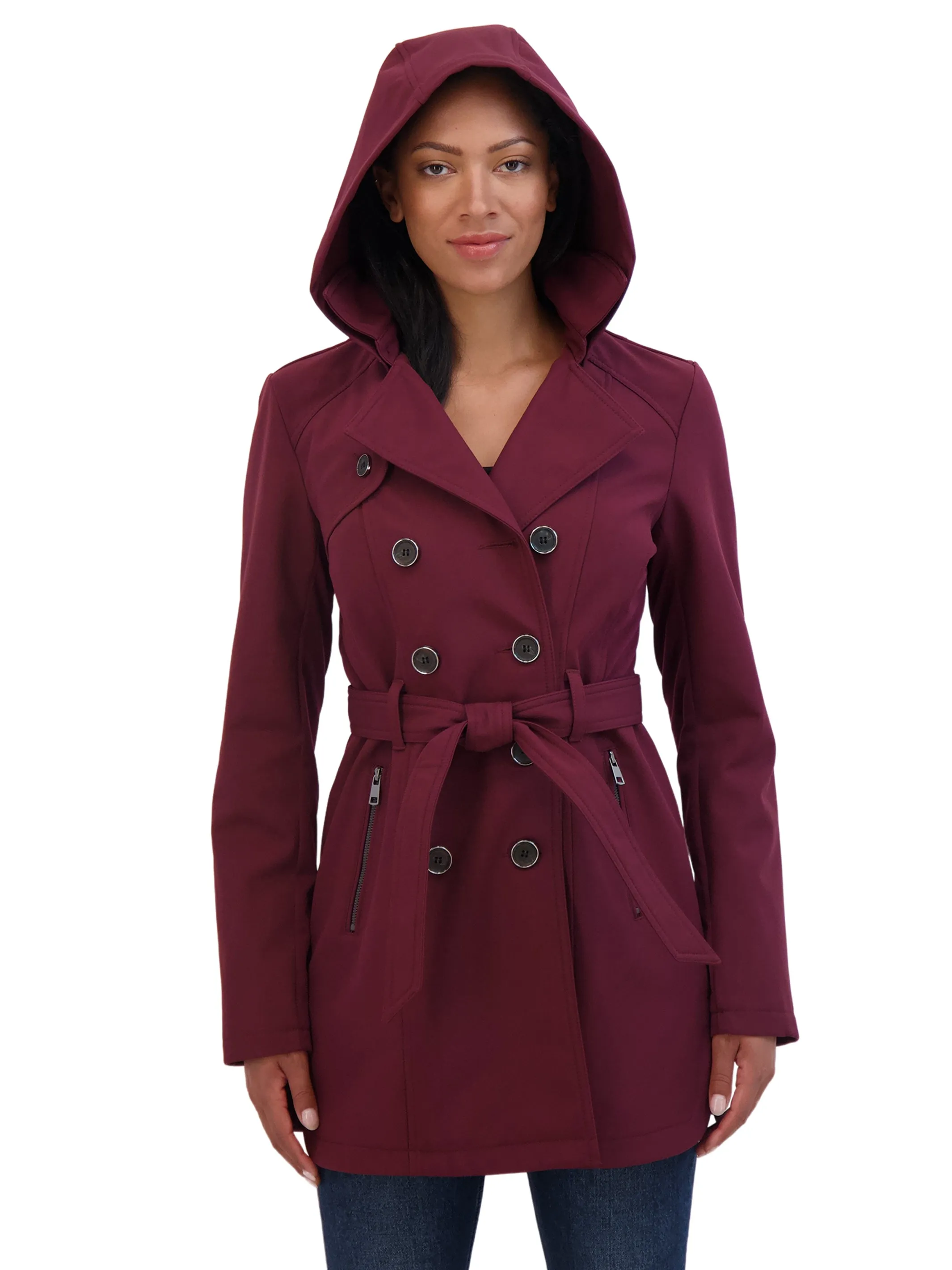 Sebby Collection Women's Belted Double Breasted Soft Shell Trench Coat With Detachable Hood