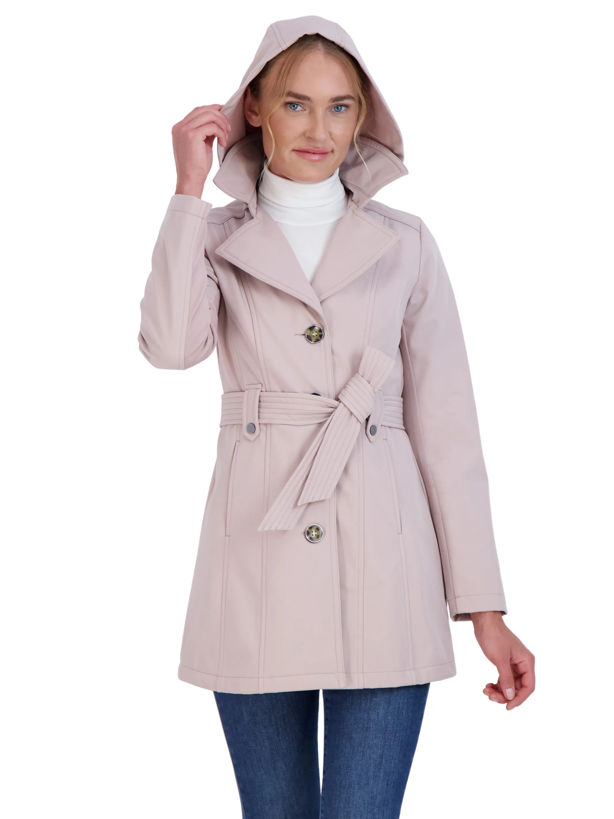 Sebby Collection Women's Softshell Single Breasted Trench with Hood