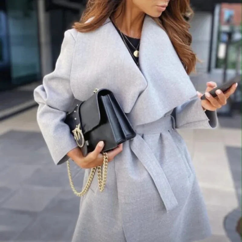 Solid Color Lapel Long-sleeved Tie Woolen Autumn Winter European American Coats