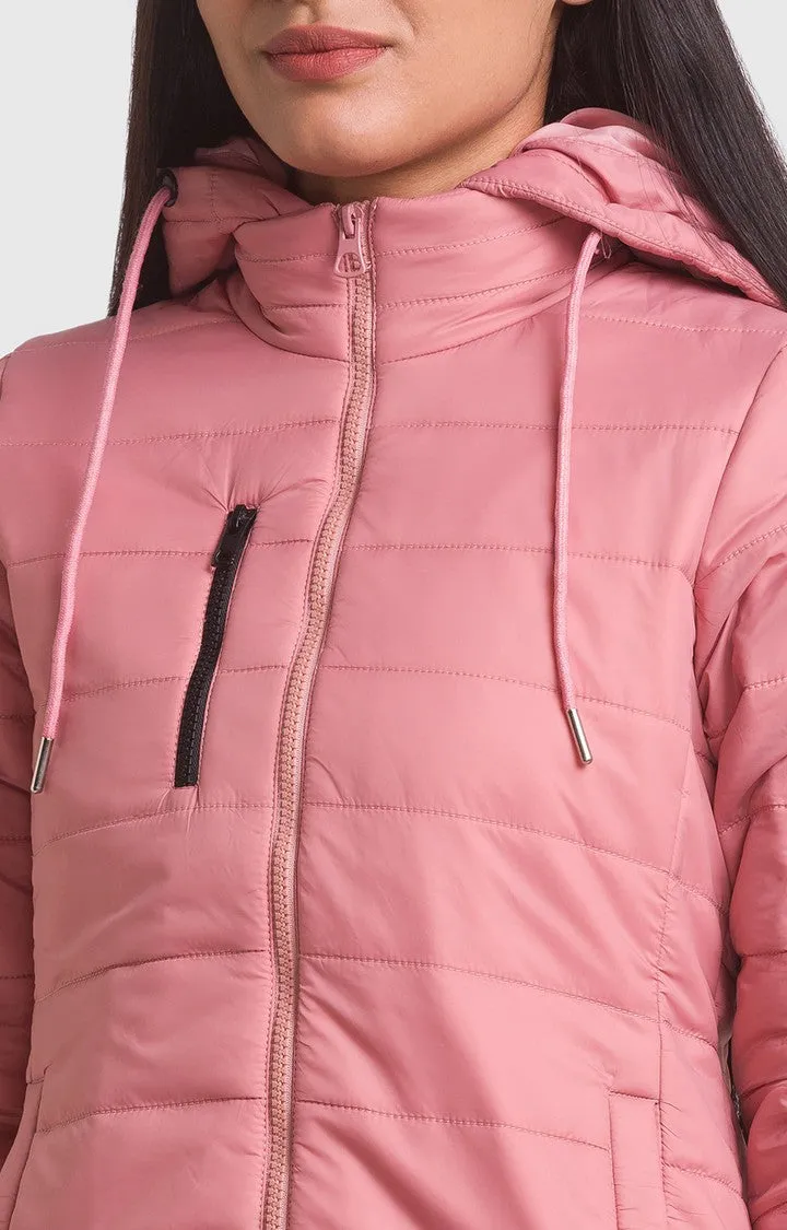 Spykar Baby Pink Nylon Full Sleeve Hooded Jacket For Women