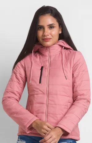 Spykar Baby Pink Nylon Full Sleeve Hooded Jacket For Women