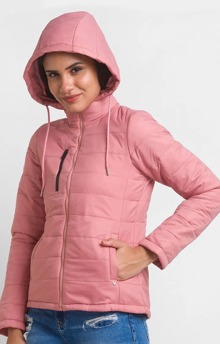 Spykar Baby Pink Nylon Full Sleeve Hooded Jacket For Women