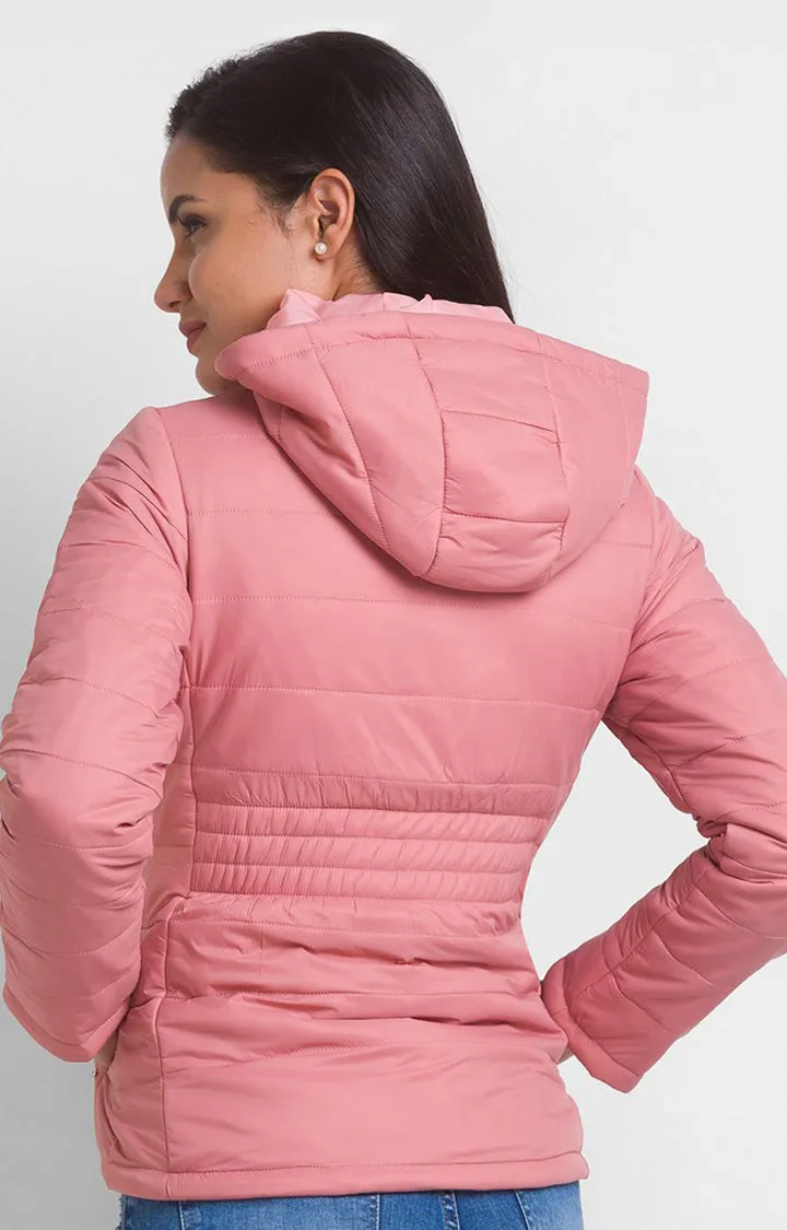 Spykar Baby Pink Nylon Full Sleeve Hooded Jacket For Women