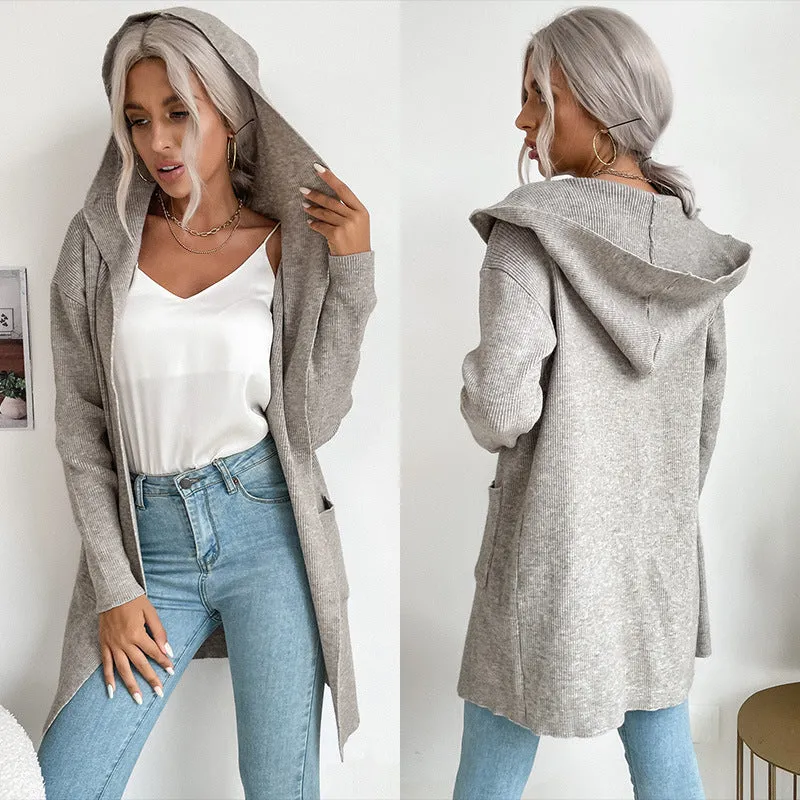 Thin Long Sleeve Hooded Sunken Stripe Knitted Cardigan