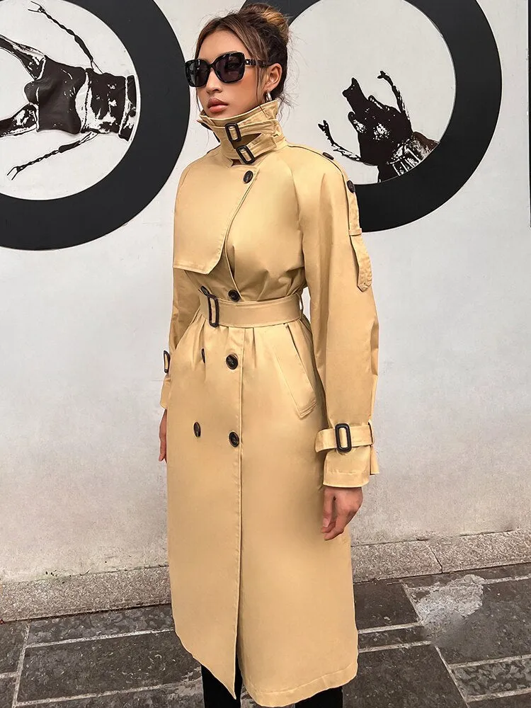 Vintage Patchwork Belt Trench For Women Lapel Long Sleeve Double Breasted Solid Coats Female Clothing Fashion