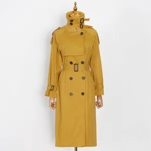 Vintage Patchwork Belt Trench For Women Lapel Long Sleeve Double Breasted Solid Coats Female Clothing Fashion