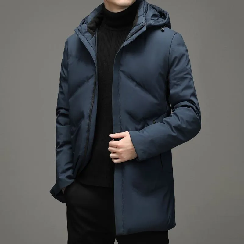 White Duck Down Hooded Thigh-Length Down Coat