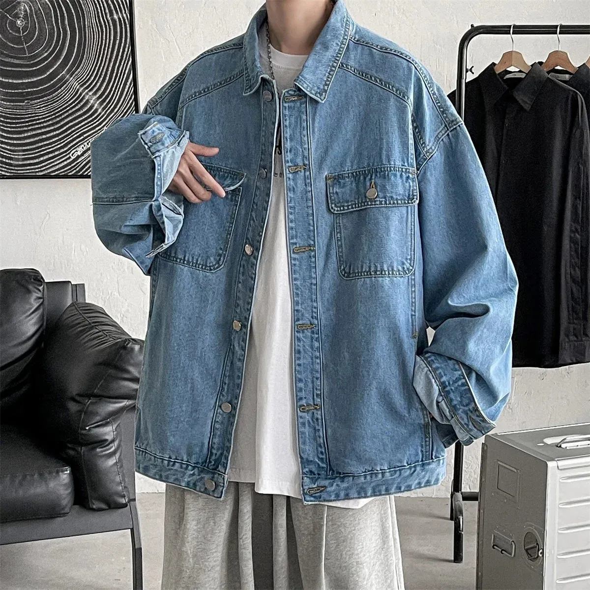 WIAOFELLAS -  Men&#39;s Fashion Trend Pure Color Blue Denim Jackets Loose Casual Long Sleeve Outerwear Pocket Popular Coats Plus Size M-2XL