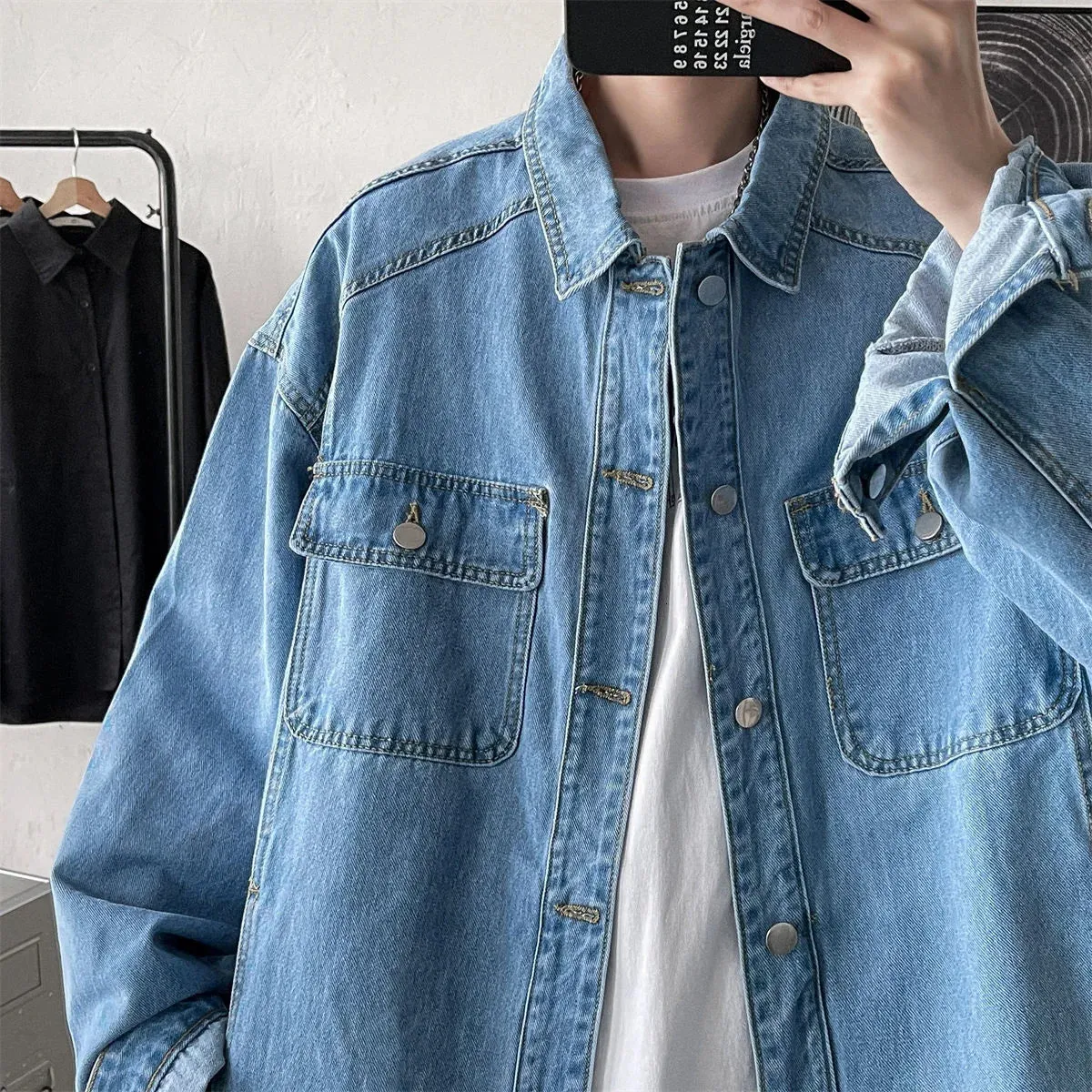 WIAOFELLAS -  Men&#39;s Fashion Trend Pure Color Blue Denim Jackets Loose Casual Long Sleeve Outerwear Pocket Popular Coats Plus Size M-2XL