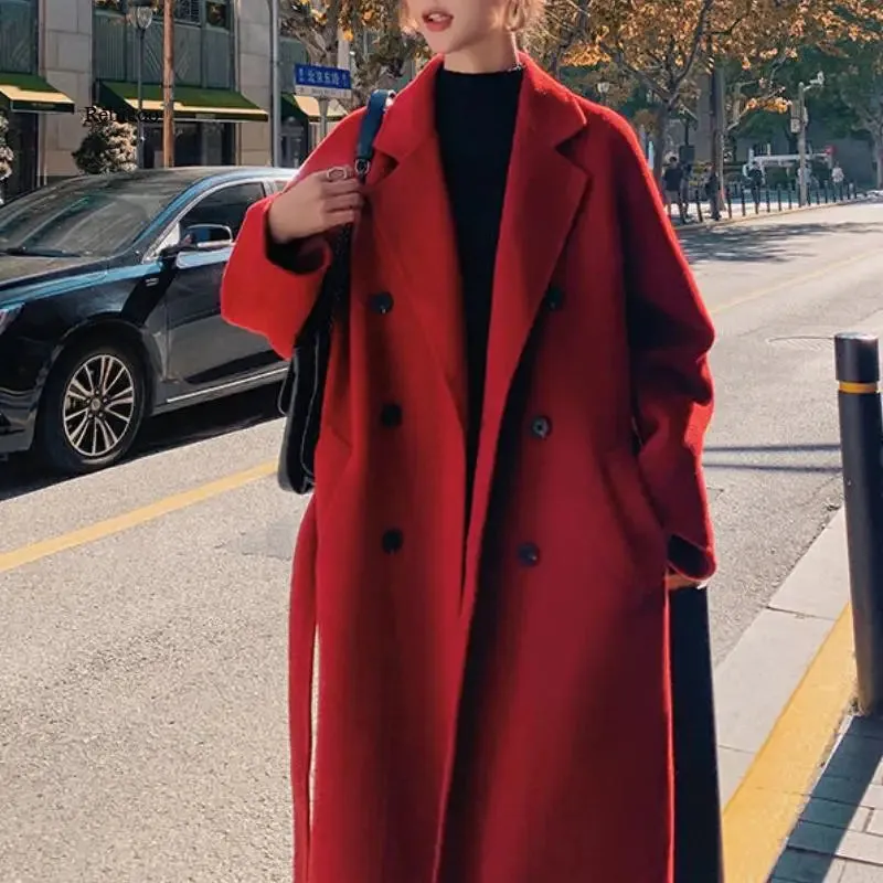 Winter Autumn Christmas Red Black Loose Wool Belted Coats