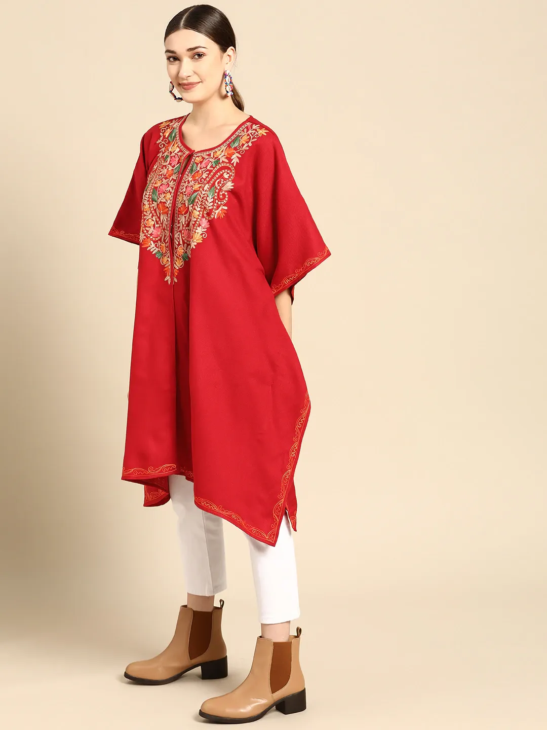 Women Red Kashmiri Embroidered Front Open Longline Sweater