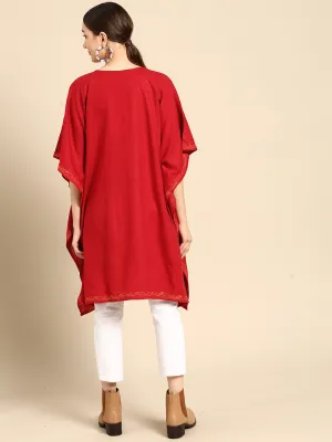 Women Red Kashmiri Embroidered Front Open Longline Sweater