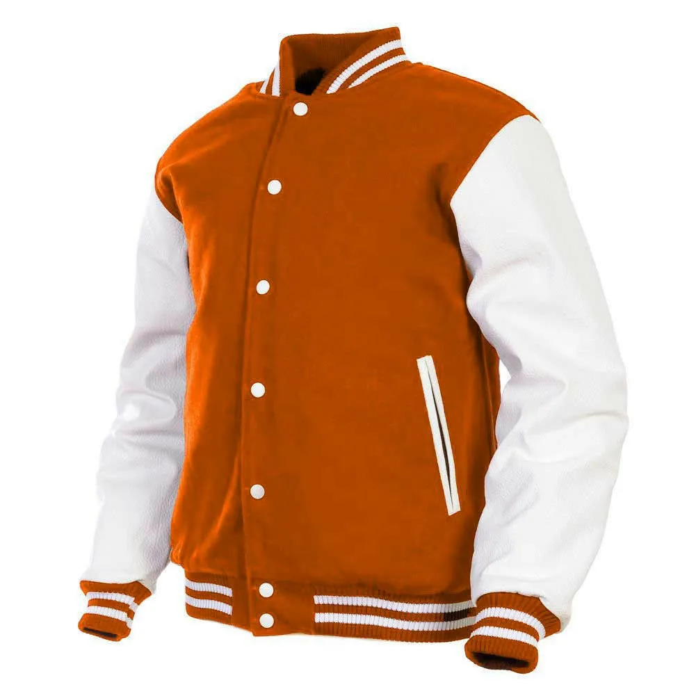 Women Varsity Jacket Wool Genuine Cowhide Leather Orange/White