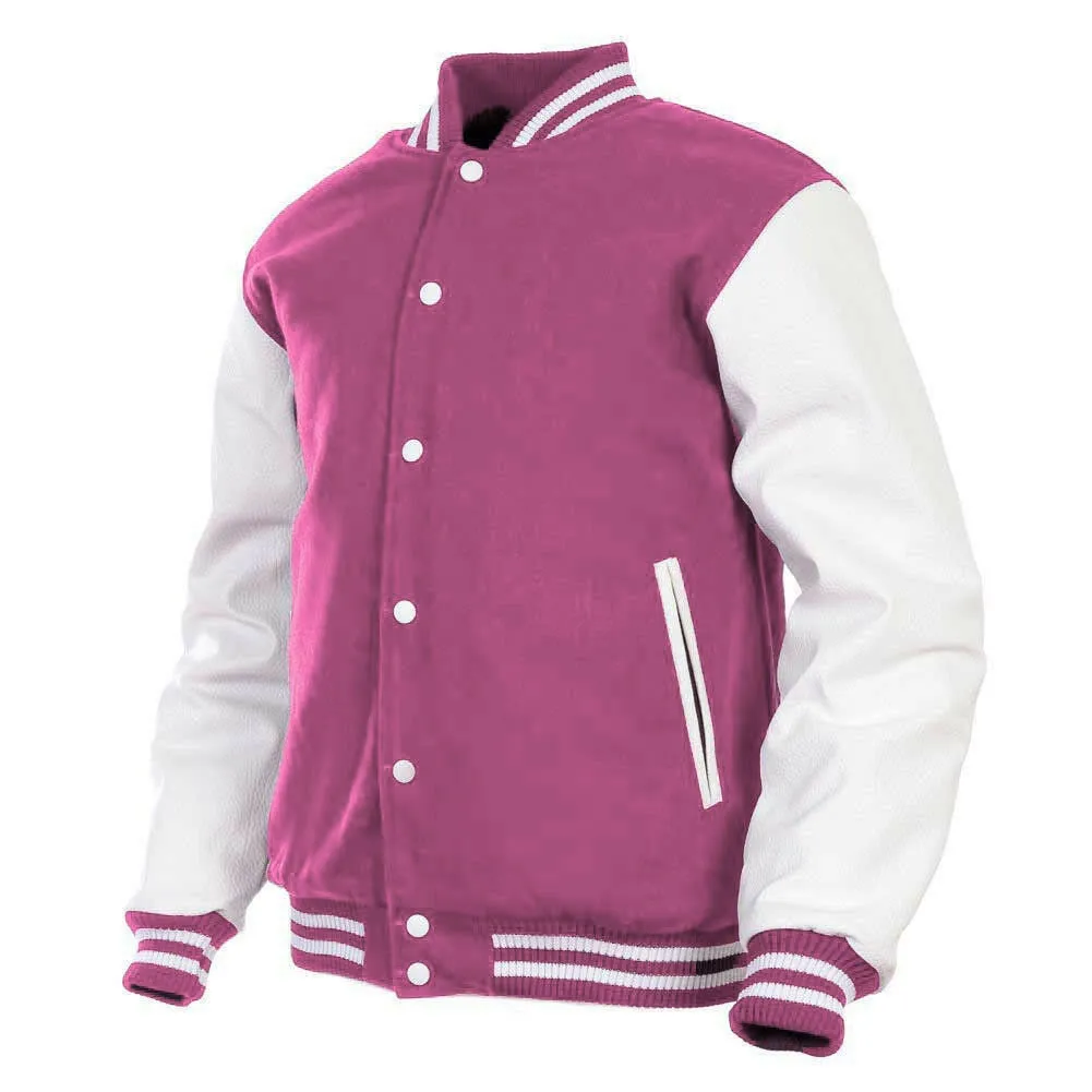 Women Varsity Jacket Wool Genuine Cowhide Leather Pink/White