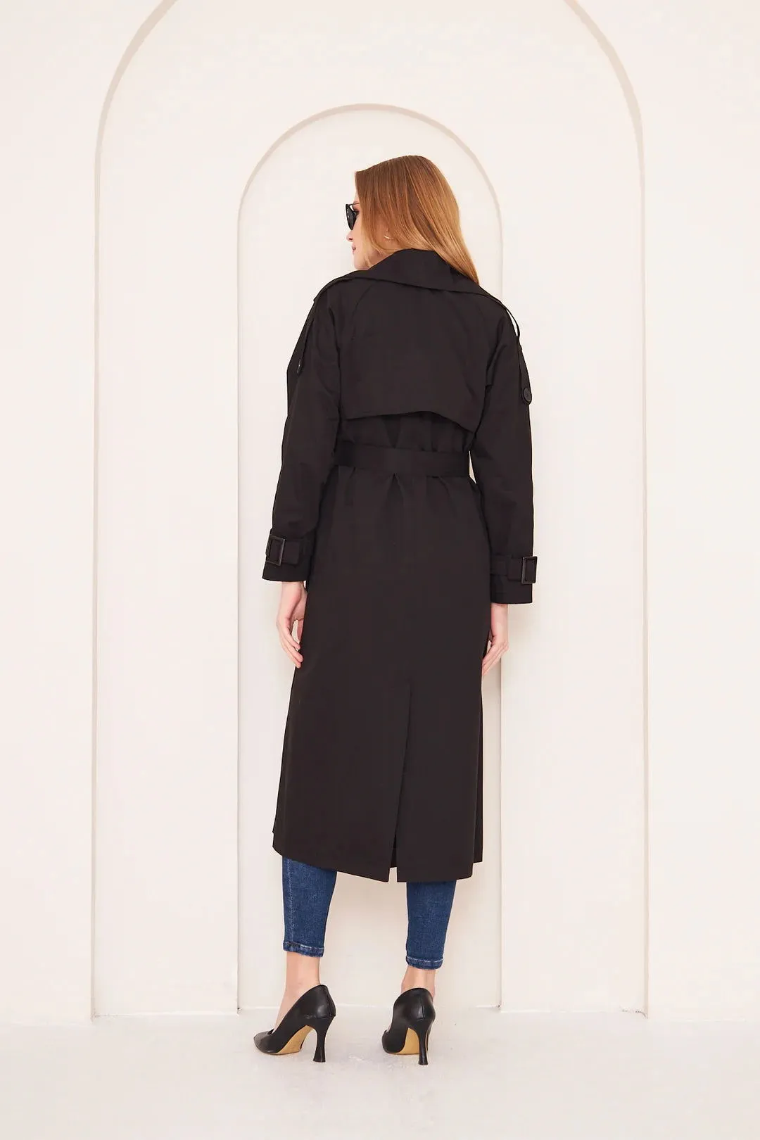 Women's Long Trench Coat with Double Collar Detail - Black - SCB-W12395