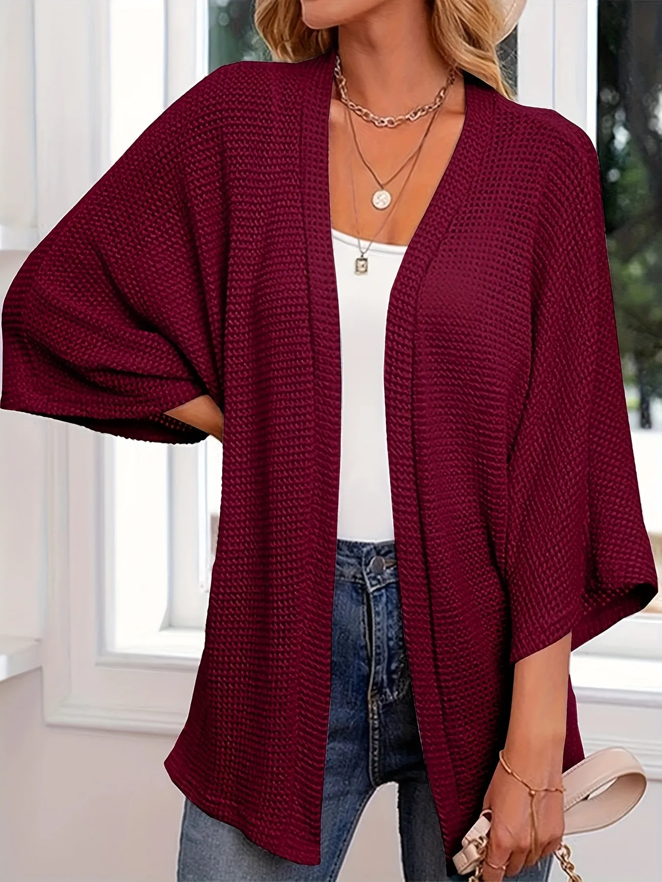 Womens Plus Size Waffle Knit Open Front Cardigan