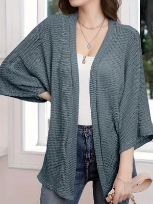 Womens Plus Size Waffle Knit Open Front Cardigan