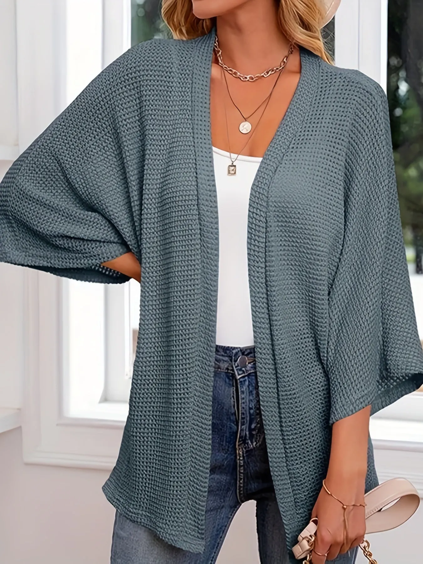 Womens Plus Size Waffle Knit Open Front Cardigan