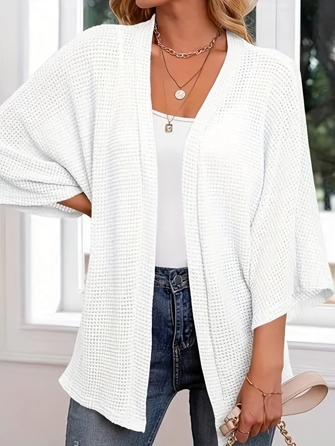 Womens Plus Size Waffle Knit Open Front Cardigan