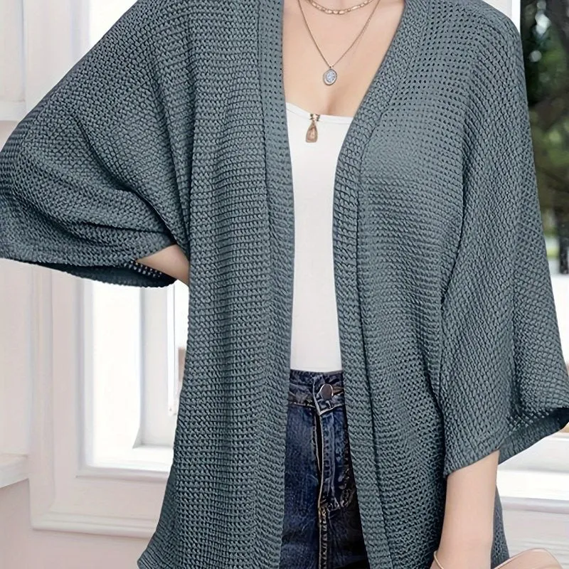 Womens Plus Size Waffle Knit Open Front Cardigan