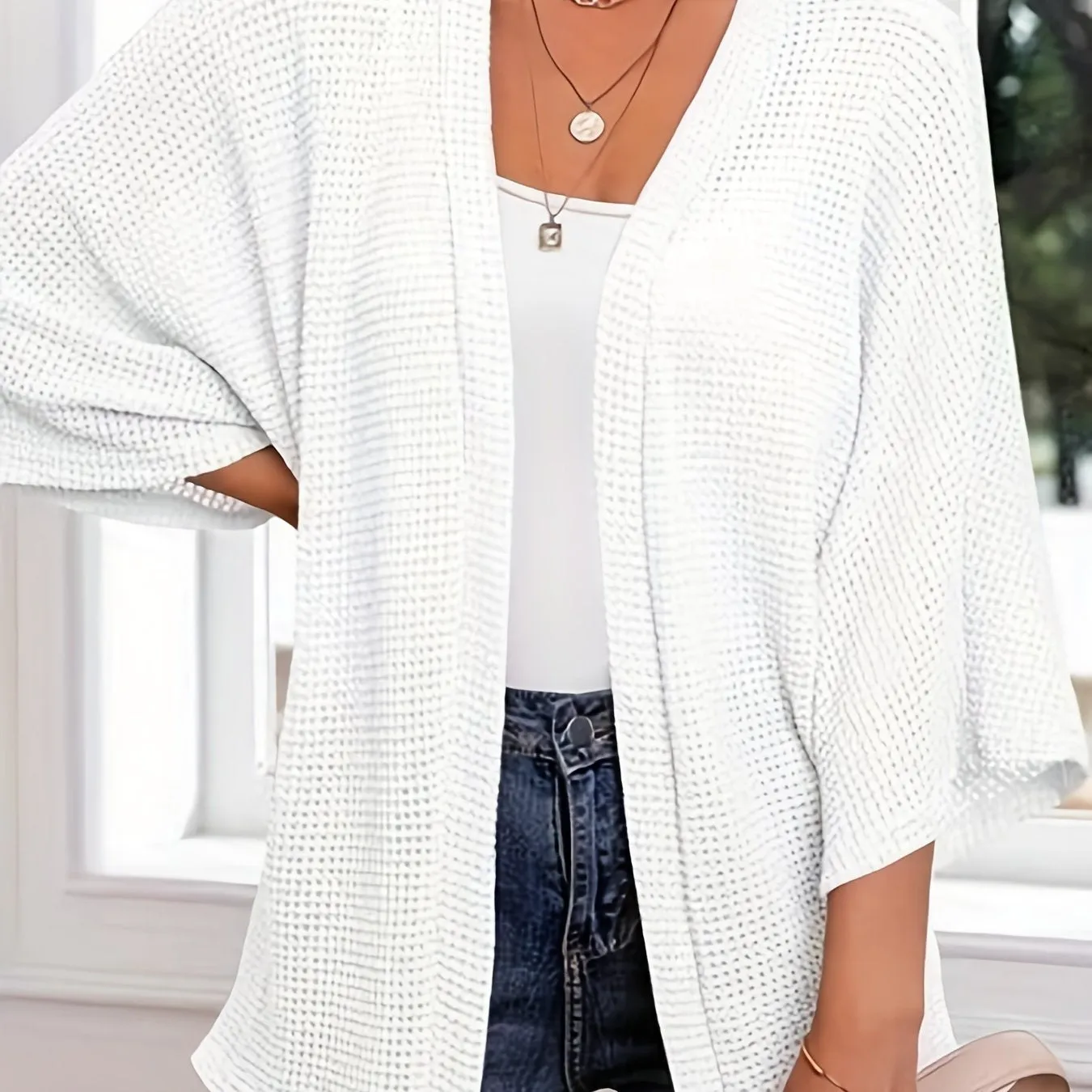 Womens Plus Size Waffle Knit Open Front Cardigan