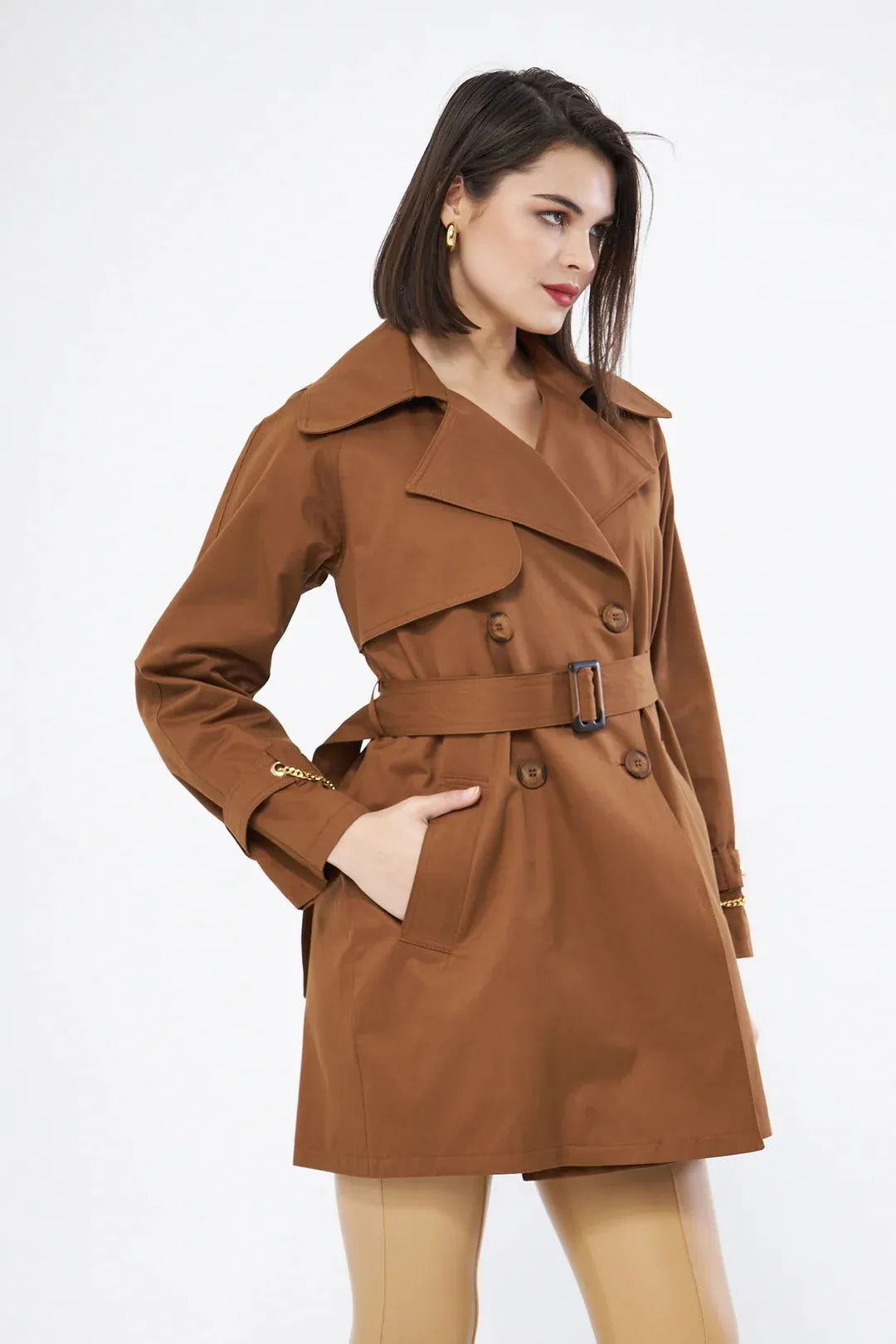 Women's Short Trench Coat with Chain Detail - Brown - SCB-W12401