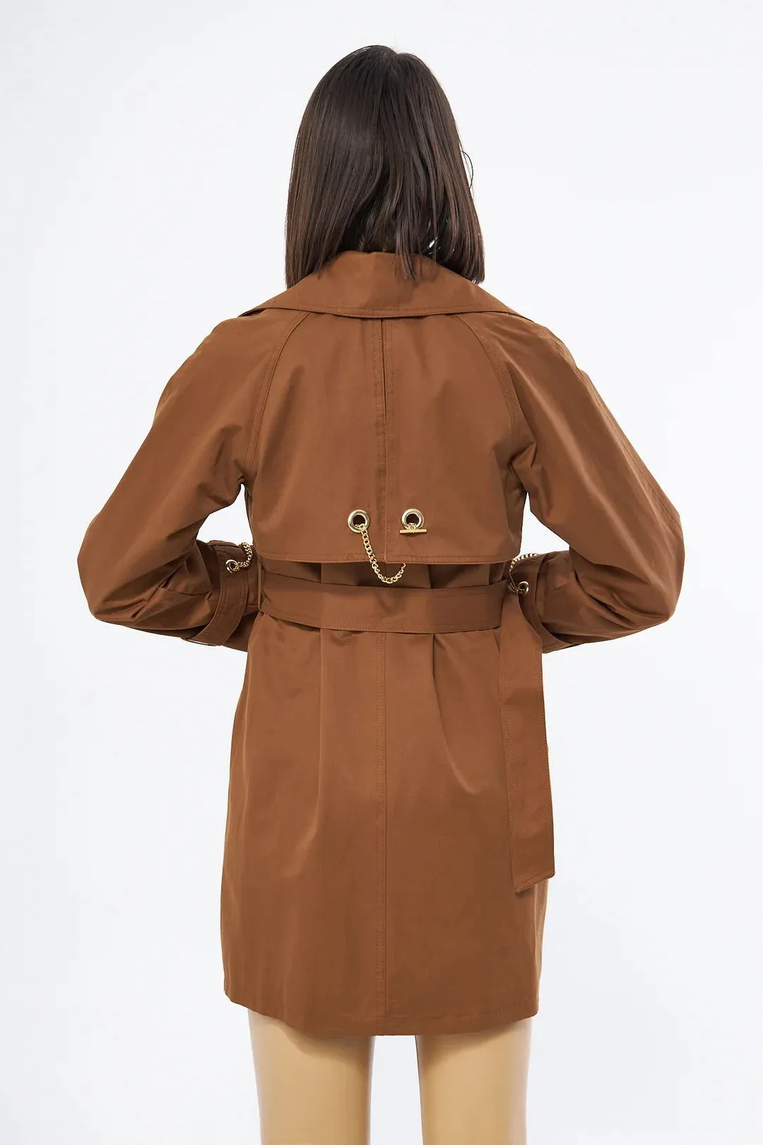 Women's Short Trench Coat with Chain Detail - Brown - SCB-W12401