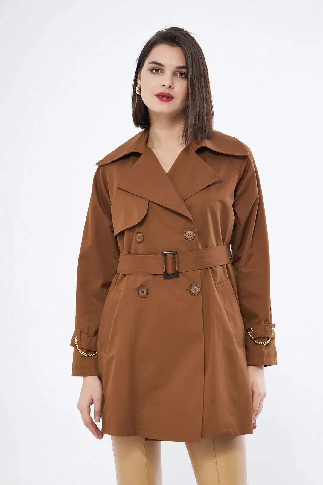 Women's Short Trench Coat with Chain Detail - Brown - SCB-W12401