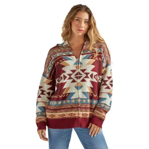 Women's Wrangler Retro Burgundy Multi Aztec Print Full Zip Hooded Sweater